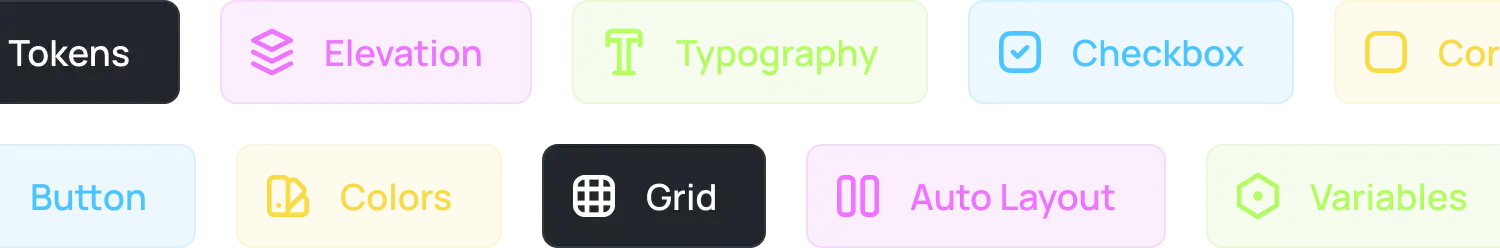 Colorful UI design elements labeled Tokens, Elevation, Typography, Button, Colors, Grid, Auto Layout, and Variables, arranged in a grid-like pattern.