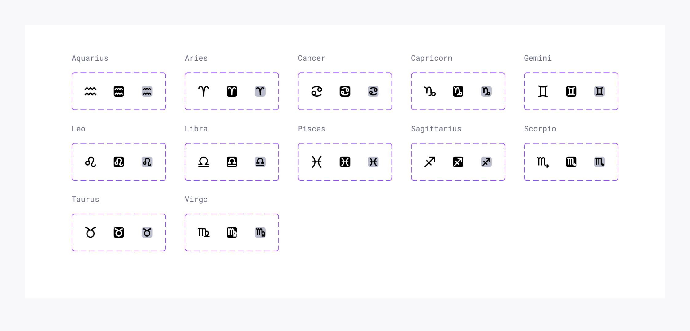 Zodiac Signs icon set in Universal Icon Set in Figma. A set of zodiac symbols for Aquarius, Aries, Cancer, Capricorn, Gemini, Leo, Libra, Pisces, Sagittarius, Scorpio, Taurus, and Virgo, each with different variations of their symbols.